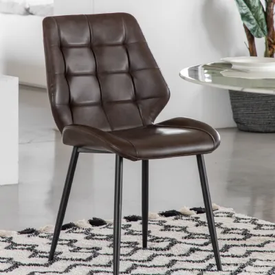 Brown Leather Dining Chair Black Tapered Iron Legs