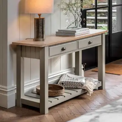 Traditional Oak Top Grey Painted 2 Drawer Console Table