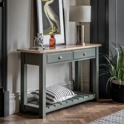 Green Painted Oak Top 2 Drawer Large Console Table