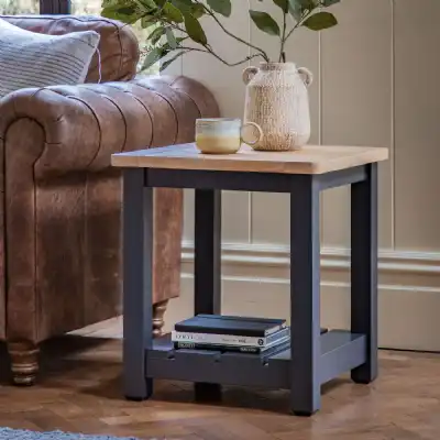 Oak Top Square Side Table with Shelf Meteror Painted Base