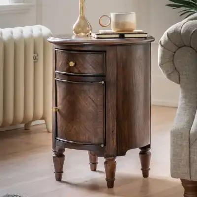 Retro Drum Coffee Wooden Round Side Table with 1 Drawer 1 Door