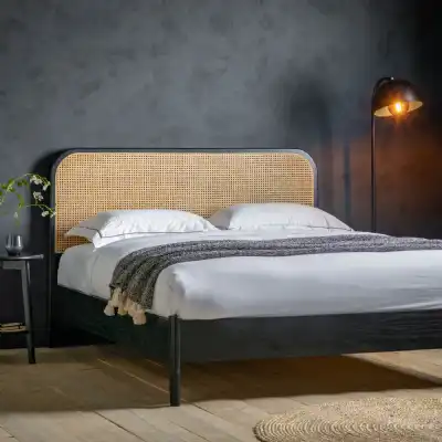 Black Wooden King Size Bed Woven Rattan Panel