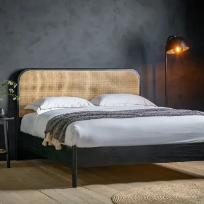 Black And Natural Double Bed Woven Rattan Headboard