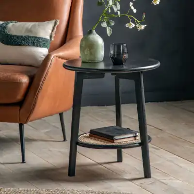 Black Round Side Table with Rattan Self
