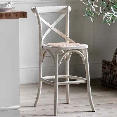 White Painted Bistro Bar Stool with Rattan Seat