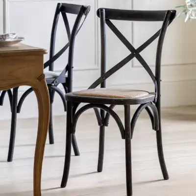 French Bistro Black Cross Back Dining Chair with Rattan Seat
