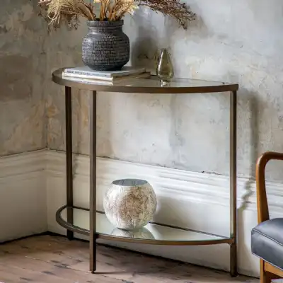 Bronze Metal Half Moon Console Table with Glass Shelves