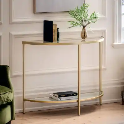 Champagne Metal Demi Lune Shaped Console Table with Glass Shelves