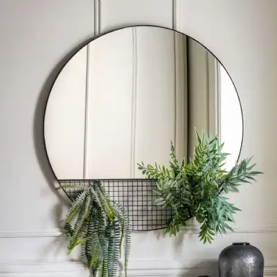 Black Metal Thin Caged Wire Framed Round Wall Mirror