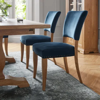 Pair of Blue Velvet Fabric Rustic Oak Dining Chairs