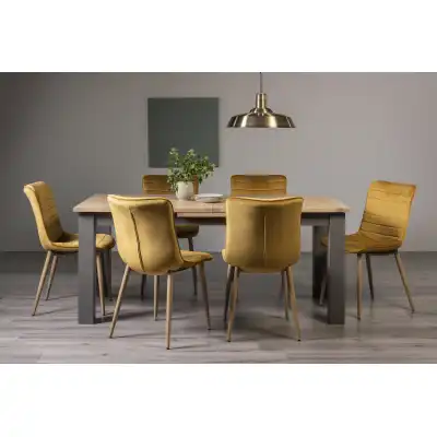 Oak Dining Table Set with 6 Yellow Velvet Fabric Chairs