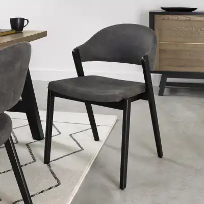 Pair of Rustic Oak Dining Chairs Dark Grey Fabric