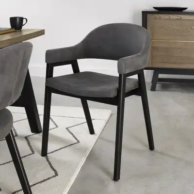 Dark Grey Velvet Fabric Dining Arm Chair Black Legs