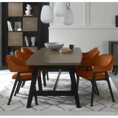 Weathered Oak Ext. Dining Table 6 Orange Velvet Chairs Set