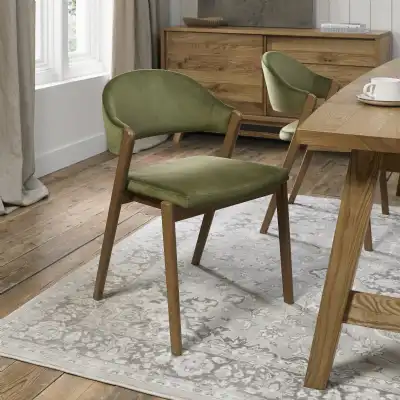 Green Velvet Fabric Curve Back Dining Chair Rustic Oak Frame