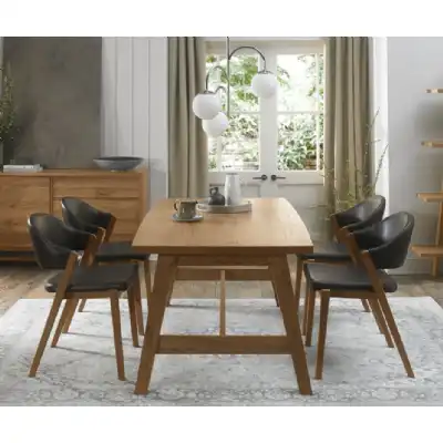Rustic Oak Dining Table Set with 4 Oak Brown Leather Chairs