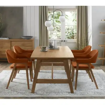Rustic Oak Dining Table Set 4 Rust Velvet Fabric Arm Chairs
