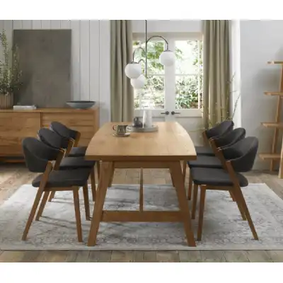 Rustic Oak Dining Table Set 6 Dark Grey Fabric Chairs