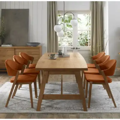 Rustic Oak Large Dining Table Set 6 Rust Velvet Chairs