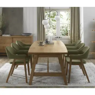Rustic Oak Table Set 6 Green Velvet Fabric Oak Arm Chairs