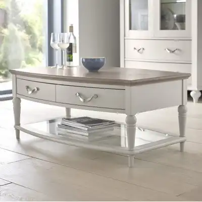 Grey Painted Coffee Table Washed Oak Top Glass Shelf