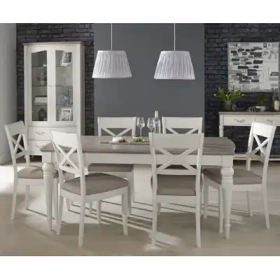 Washed Oak Top Dining Table Set with 6 Grey Leather Chairs