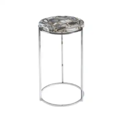Agate Stone Round Small Side Table Polished Stainless Steel