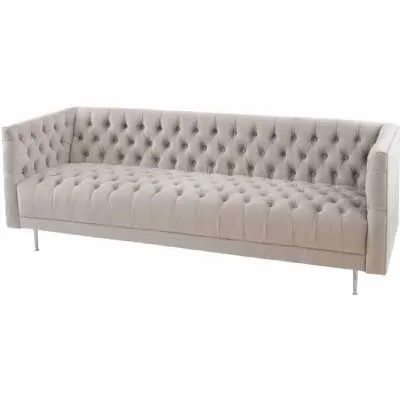 Arya Mink Velvet Fabric Upholstery Large 3 Seater Button Tufted Sofa With Metal Pin Legs 210cm Wide