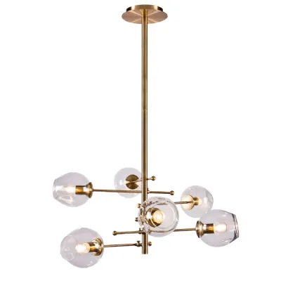 Brass Iron Bubble Pendant Ceiling Light 6 Clear Glass Spheres