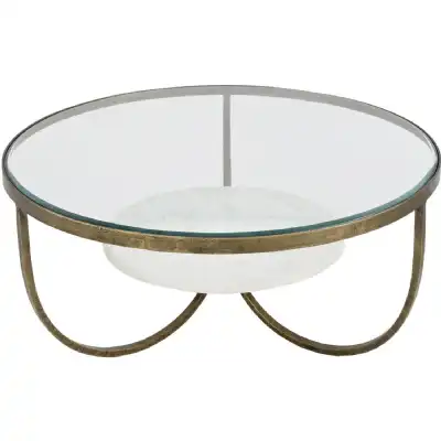 Gold Iron Round Glass Coffee Table White Marble Base