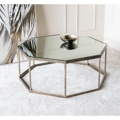 Gold Finish Iron Octagonal Coffee Table Mirrored Top
