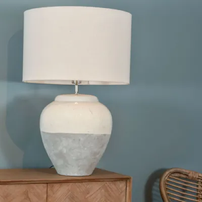 Large Grey Porcelain Table Lamp with Cream Linen Shade