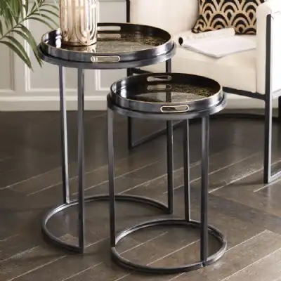 Black and Gold Nest of 2 Round Tray Top Tables