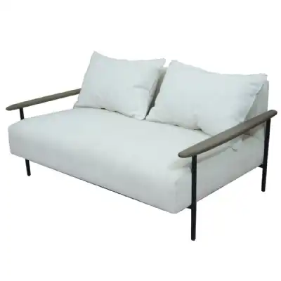 Pale Grey Two Seater Sofa With Wooden Arms and Steel Frame