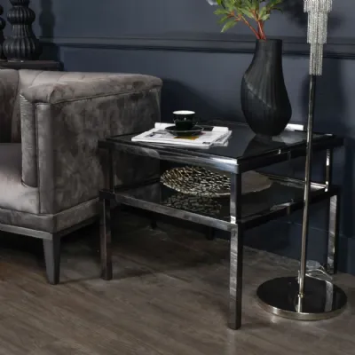Black Stainless Steel and Glass 2 Tier Square Side Table