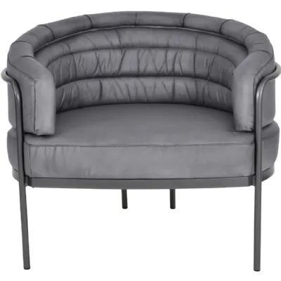 Grey Leather Upholstered Curved Club Chair Metal Framed