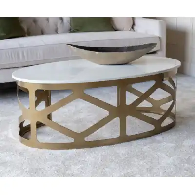 White Marble Top Oval Coffee Table Satin Bronze Metal Base