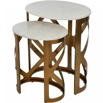 White Marble Top Satin Bronze Metal Nest of 2 Side Tables