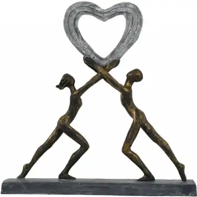 Bronze Couple Lifting Silver Love Heart Sculpture