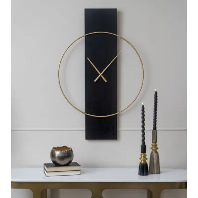 Black Wooden Panel Wall Clock Circular Golden Frame