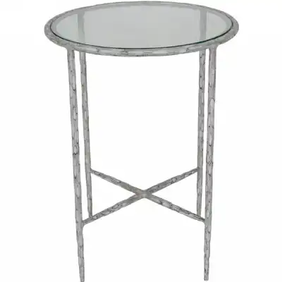 Chalk White Hammered Hand Forged Side Table with Glass Top