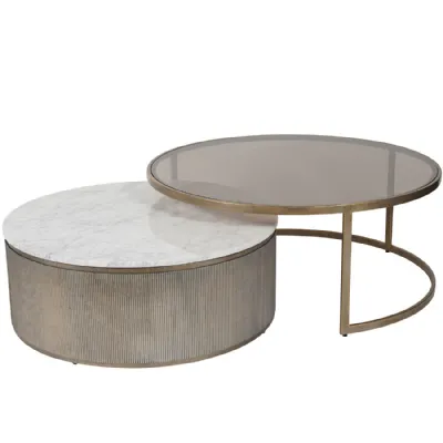 Set of 2 Aged Gold Marble and Glass Nesting Coffee Tables