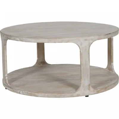Whitewash Mango Wood Round Carved Open Coffee Table
