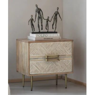 Bone and Natural Mango Wood Bedside Cabinet with 2 Drawers