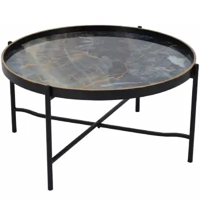Blue Abstract Patterned Metal Round Tray Top Coffee Table
