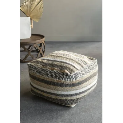 Hand Woven Ivory and Linen Jute Wool Large Pouffe