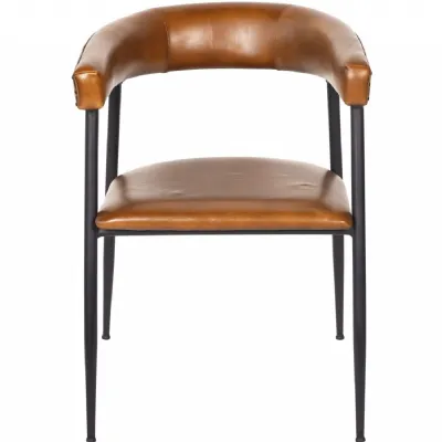 Brown Leather Curved Back Dining Chair Black Metal Legs