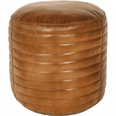 Tan Brown Round Leather Pouffe