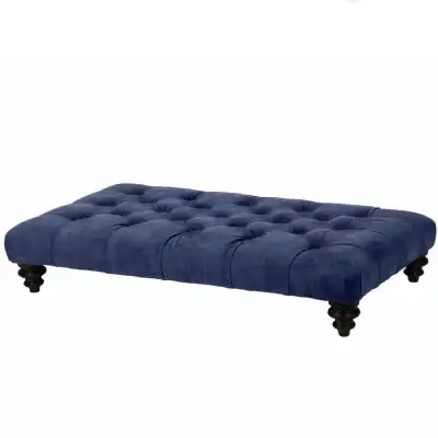 Buttoned Footstool In Classic Velvet Deep Blue With Dark Leg