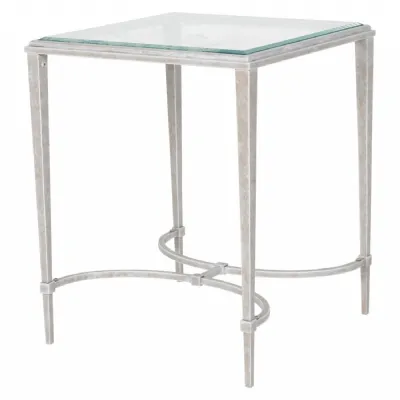 Clear Etched Glass Top End Table Distressed White Iron Base